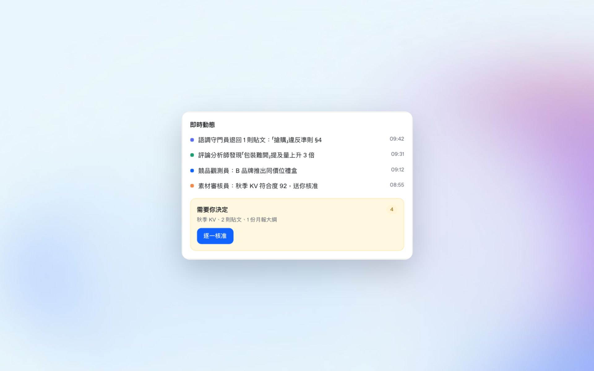 特寫：Agent 即時動態（示範資料）