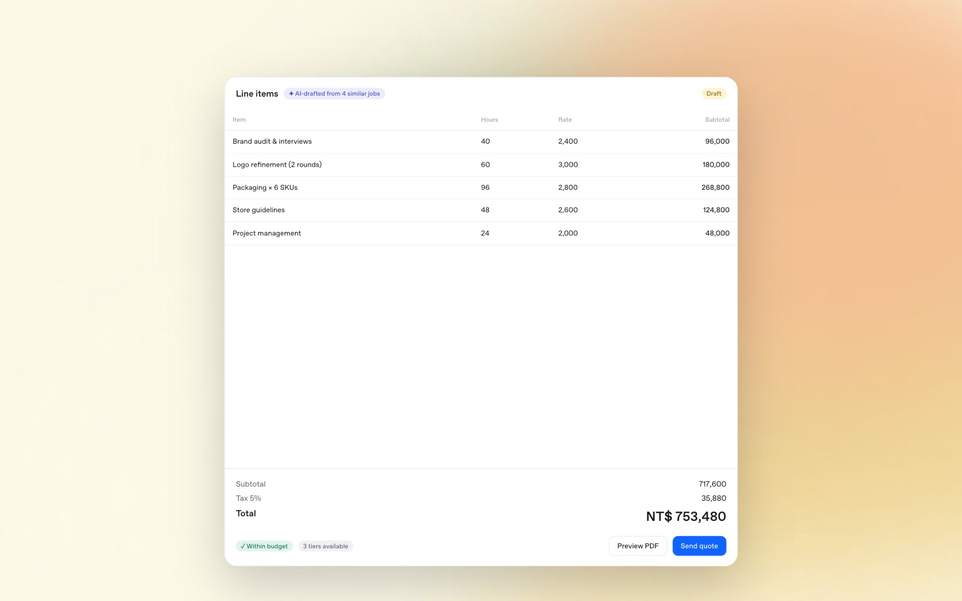 Close-up: Line items from similar jobs (sample data)