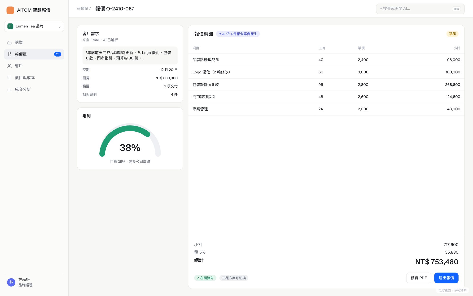 概念畫面：智慧報價模組（示範資料）
